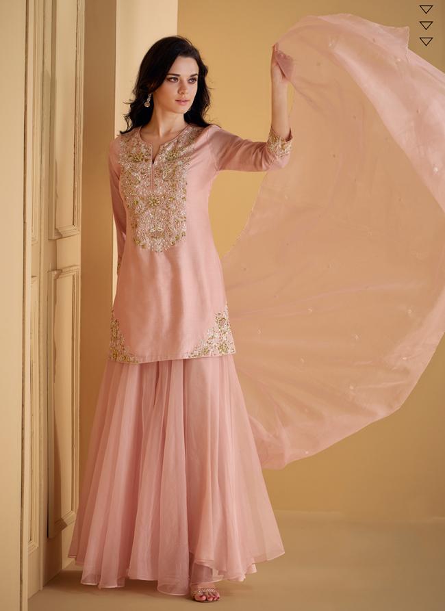 Pure Real Silk Peach Casual Wear Embroidery Work Readymade Plazzo Suit